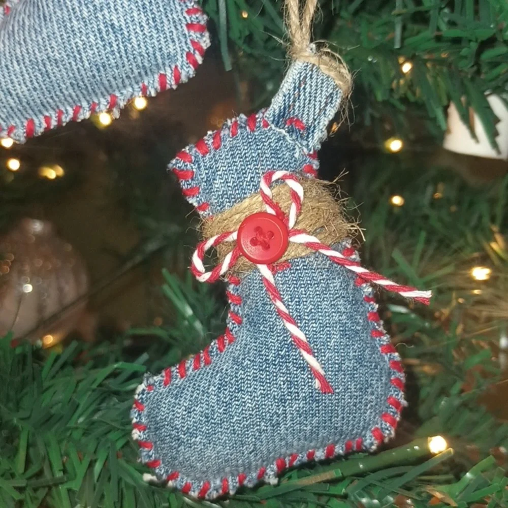 (2) Denim Christmas Stocking Ornaments - Picture 2 of 4